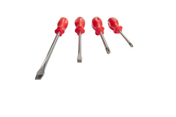 Four red shiny metal and plastic tool screwdriver for repair