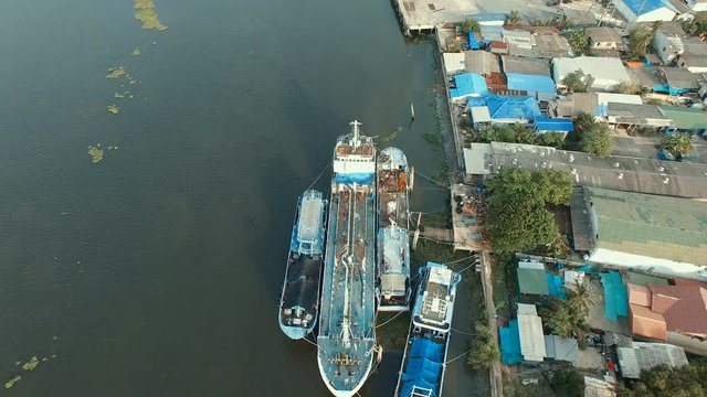 aerial view of ship port in tha chin river samuthsakorn thailand