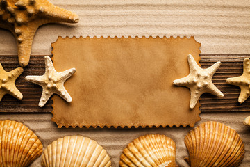 Fototapeta na wymiar Blank paper sheet, shells and starfish on beach sand