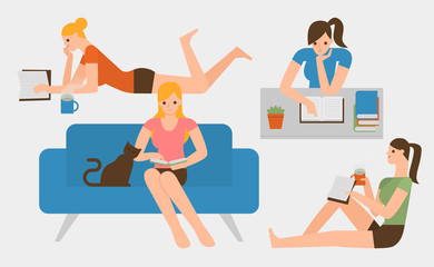 Flat design people reading a book