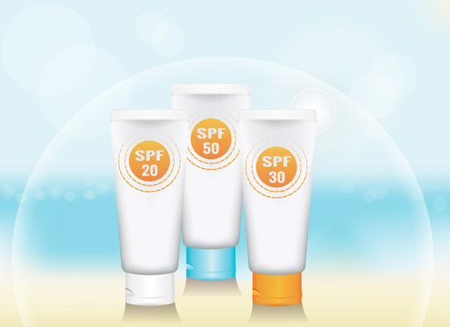 a set of blank vertical tube for cosmetic product on a background of sea beach. colored caps. signs SPF. the symbolic dome of protection. realistic template for advertising. vector illustration