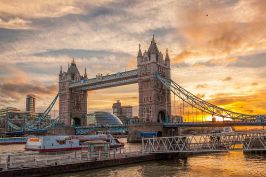 Tower Bridge against colorful sunset in London, England, UK