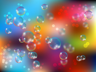 Glossy realistic and translucent soap bubble with glowing sparkles illustration on light background.