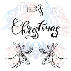 Hand drawn vector abstract textured graphic card template design with handwritten modern ink lettering phase Merry Christmas,tropical palm leaves and deers reflect composition isolated on white