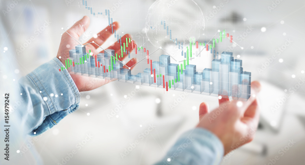 Poster businessman using digital 3d rendered stock exchange stats and charts