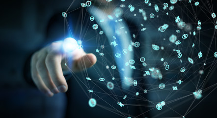 Businessman using flying network connection interface 3D rendering