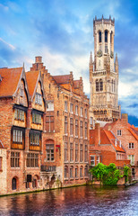 Medieval bell tower Belfort van Brugge in town Bruges Belgium