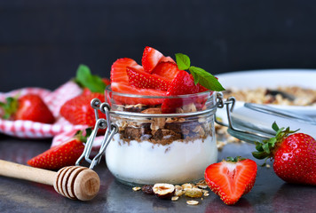 Light breakfast. Dessert with yoghurt, granola and strawberries. Bio food.