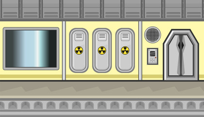 Seamless spaceship interior with three lockers and sign of radiation for game design