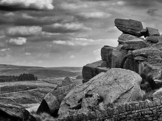 rocky outcrops and stone walls on the yorkshire moors - pennines