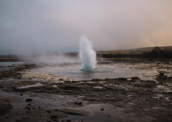 Beautiful geyser valley in Iceland.Erupting geyser
