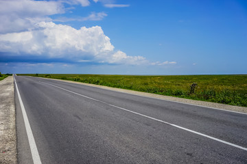 A long highway with no cars on the overgrown grass of the steppe under a blue cloudy sky