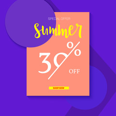 Summer selling ad banner, vintage text design. Summer discount of thirty percent. Holiday discounts, sale background on a color graphic backdrop. Template for shopping, advertising, banner, billboard.