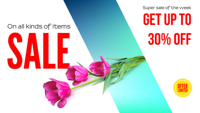 Sale, summer sale, get your discount. Horizontal ad with a bouquet of tulips on colored background. Template for shopping, advertising, percentage of discounts, flyers, invitation, posters, brochure.