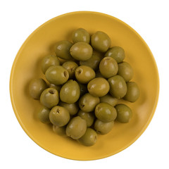 Olives on a yellow plate. Isolated on white background.