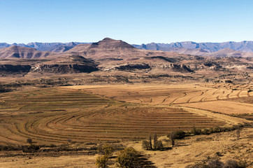 Naklejka premium Golden Cold Dry Winter Landscape and Rocky Mountain