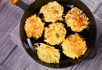 Potato Pancakes. Vegetable fritters. Latkes in frying pan. View from above