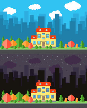 Vector city with cartoon house in the day and night.Summer urban landscape. Street view with cityscape on a background
