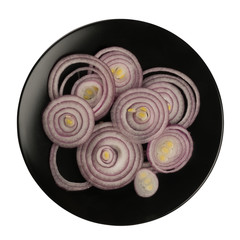 Sliced onions on a black plate. Isolated on white background. © Dmytro Holbai