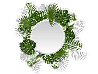 Fototapeta na wymiar Green summer tropical round element with exotic palm leaves and plant. Vector floral design on white background