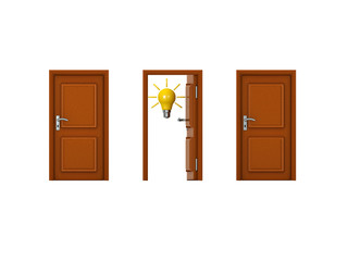 3D illustration of three doors with one being open and has a lightbulb