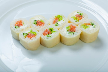 Japanese seafood sushi , roll on a white background