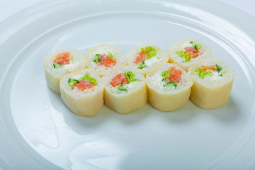 Japanese seafood sushi , roll on a white background