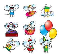 Obraz na płótnie Canvas Set of cartoon mouse, birthday party. Mouse sings, dances, standing on his head, plays music, drinks, congratulations.