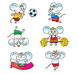 Set of cartoon mouse . Mouse playing soccer, running, standing on his head, yoga, raises the bar.