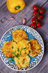 Potato Pancakes With Yogurt Sauce. Vegetable fritters. Latkes on blue plate. View from above