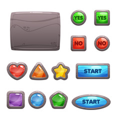 Cartoon rocky game assets, the kit for game ui development, vector gui elements in a stone frame. Yes, no, start and different shapes colorful buttons and stone board isolated on white background.