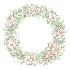 Fototapeta na wymiar Vector botanical banner with round frame of hand-painted flowers in pastel light colors on white background