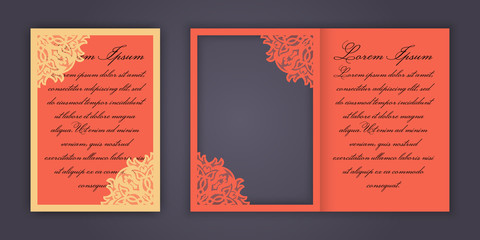 Wedding invitation or greeting card with vintage lace ornament. Mock-up for laser cutting. Vector illustration.