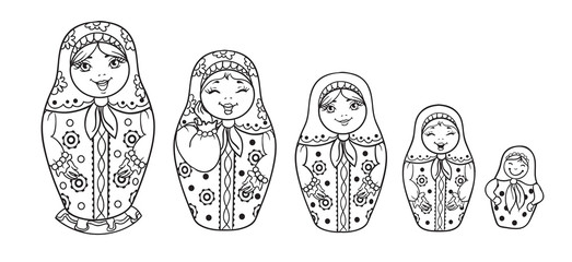 Russian Dolls Matrioshka Outlined for coloring book. Five Russian nested doll, Babushka doll, Russian Souvenir, present.