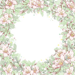 Vector square botanical banner with hand-drawn flowers in pastel light colors on white background