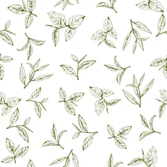 Wallpaper murals Tea seamless pattern with green tea, hand-drawn leaves and branches of tea