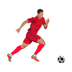Soccer player in action with ball. Running offensive player in red jersey, vector isolated illustration