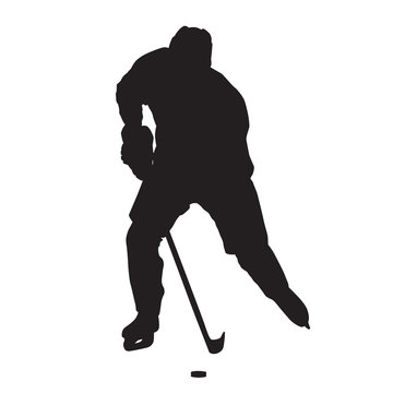 Skating ice hockey player vector silhouette, front view