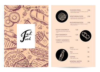 American fast food menu with hand drawn graphic. Fast food vector template with hand drawn pizza, hot dog, chicken, drink pencil doodles. Cafe price catalog, junk food card with snack linear sketches.