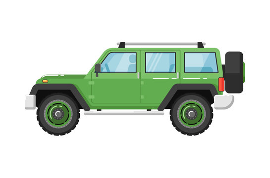 Extreme travel car isolated vector illustration on white background. Off road 4x4 auto vehicle, suv car, people city transport in flat design