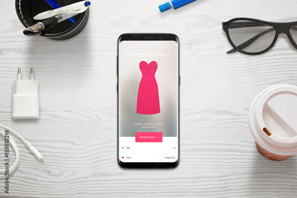 Poster shopping online with a mobile phone. woman choose size and color of dress with store app. top view o