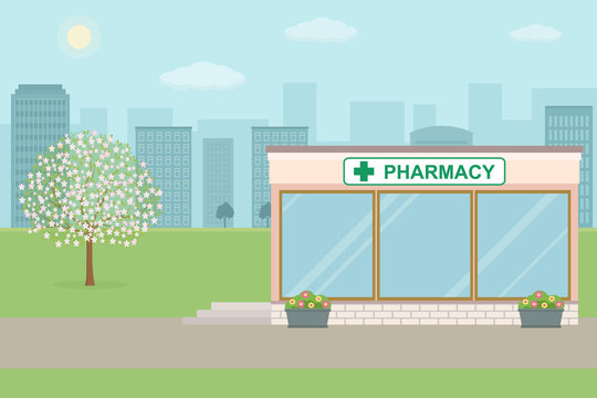 Pharmacy building on city background. Flat style, vector illustration. 
