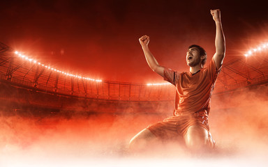 Fototapeta na wymiar soccer player on soccer stadium celebrating a goal on red smoke background