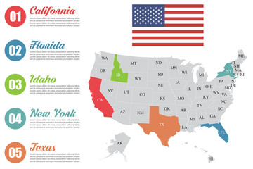 Obraz premium USA map infographic. Slide presentation. USA states business marketing concept. Color states