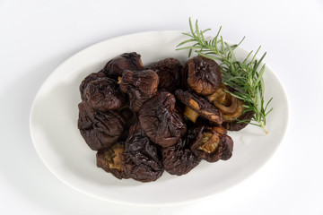Mushrooms on white plate isolated on white background
