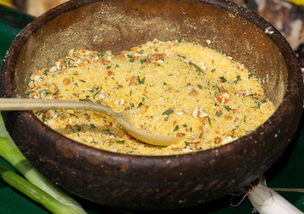 Yellow mixed spices in pot