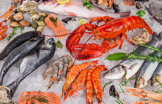Fresh tasty seafood served on old wooden table.