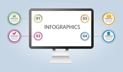 Vector illustration in the form of computer monitor with circular infographics. Chart, circles, web design 4 step for business presentations
