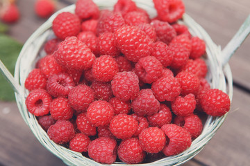 Basket with raspberries closeup, summer harvest