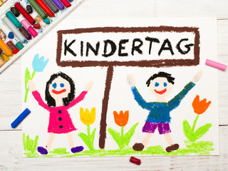 Colorful drawing: Children's day card with German words Children's day